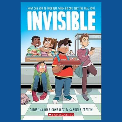 book cover with tweens in line at a school cafeteria. 