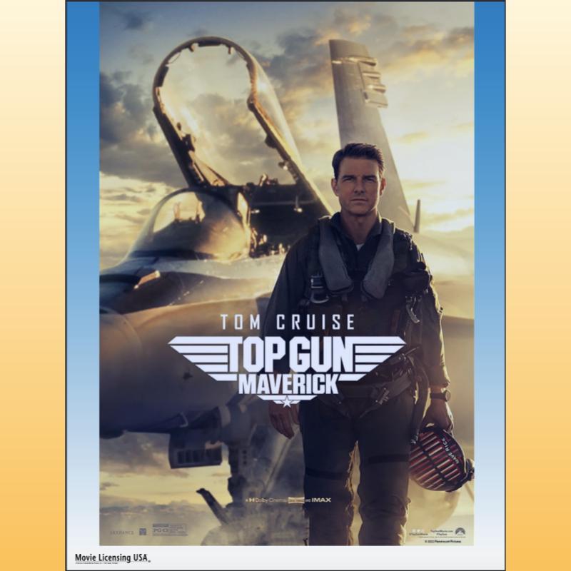 Top Gun: Maverick, features Top Gun Logo in front of Tom Cruise's character in flight gear with sunlit plane and sky in background