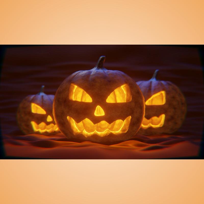 Tween Halloween Fun, Three illuminated smiling orange jack-o-lanterns in a dark room