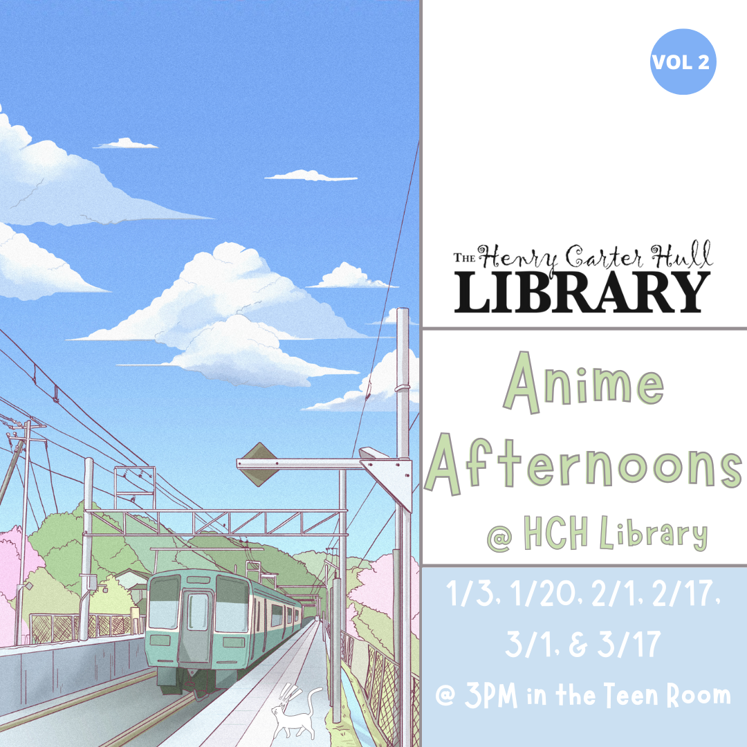 a train is pulling up to a station. a white cat watches. the text reads "Anime Afternoons @ HCH Library"
