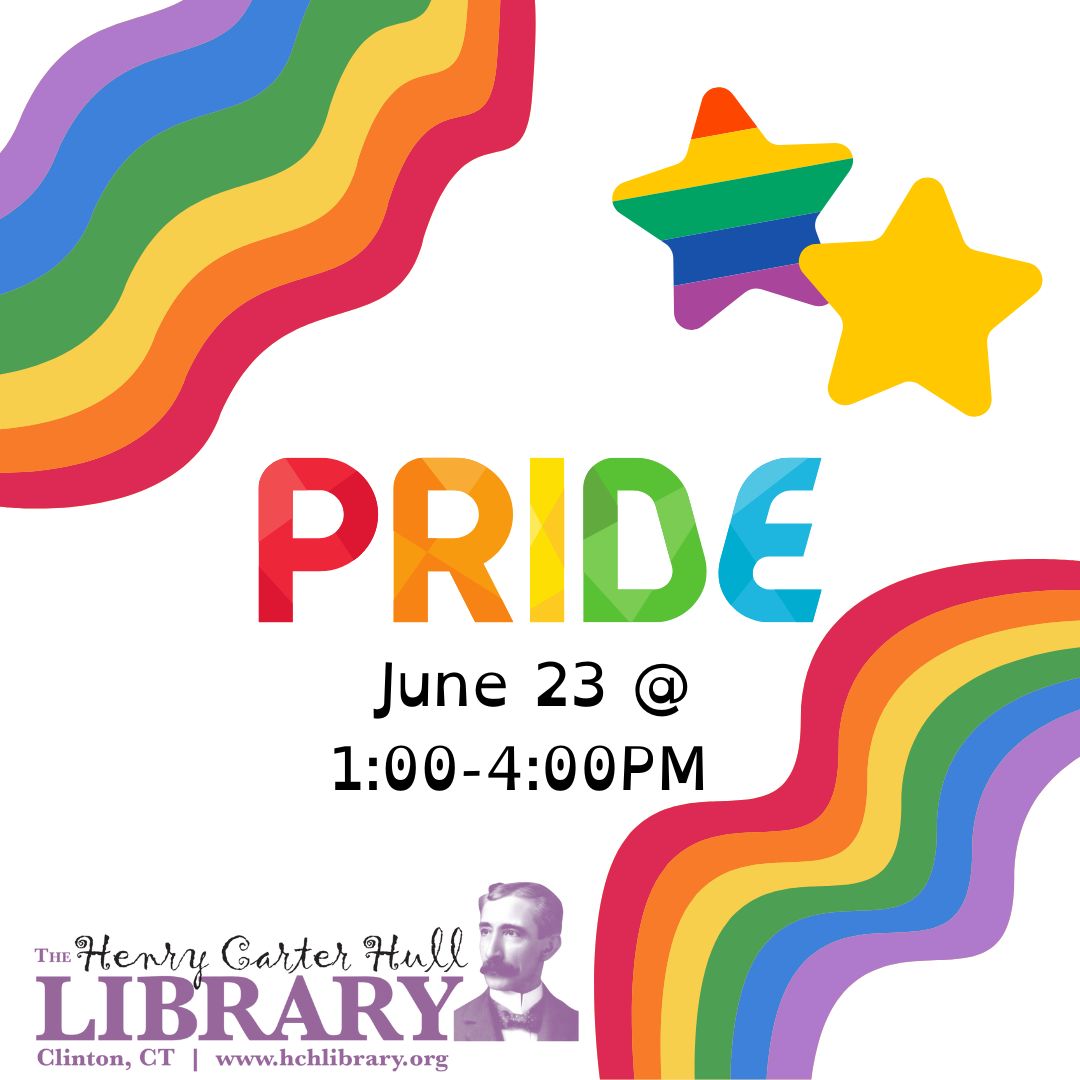 Two wavy rainbows are across the top left and bottom right corners of a white background. In the upper right corner are two stars, one rainbow and one yellow. The text in the center says PRIDE in rainbow. Under it reads "June 23 @ 1:00-4:00PM." A purple Henry and HCH Logo is in the bottom left corner.