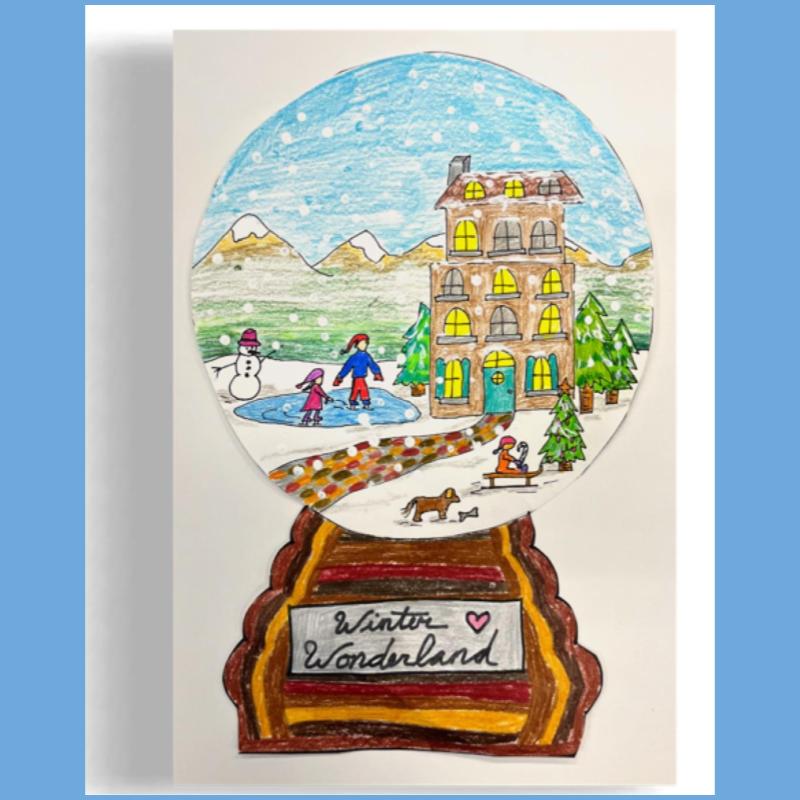 drawing of a winter scene in a snow globe. 