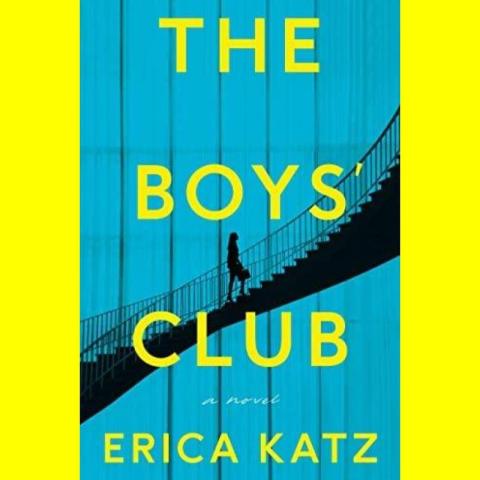 The Boys' Club Book Cover - Light blue book with  bright yellow text with the black outline of a person walking up a staircase.