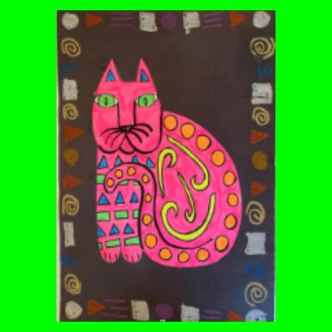 Bright pink cat drawing with colorful shape details 