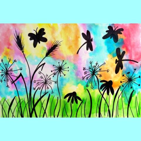 Watercolor painting with black flower and insect silhouette 