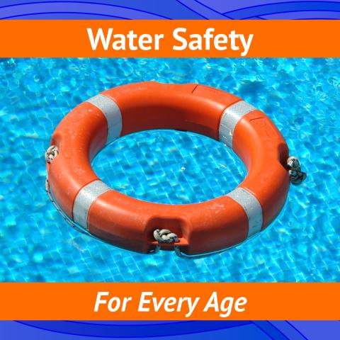 Water Safety for Every Age - Orange life preserver in blue pool