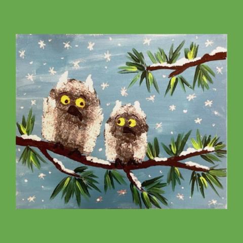 painting of two snowy owls sitting on a tree branch in the snow