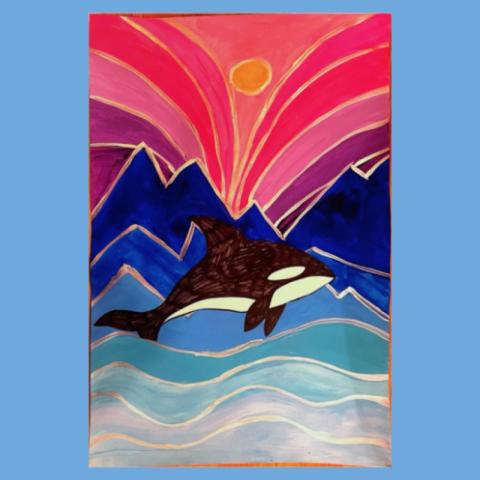 Painting of an orca whale jumping out of the water