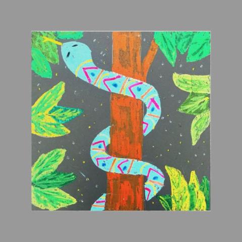 Oil pastel drawing of a snake in a tree 