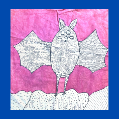 drawing of a bat with doodles inside the outlines