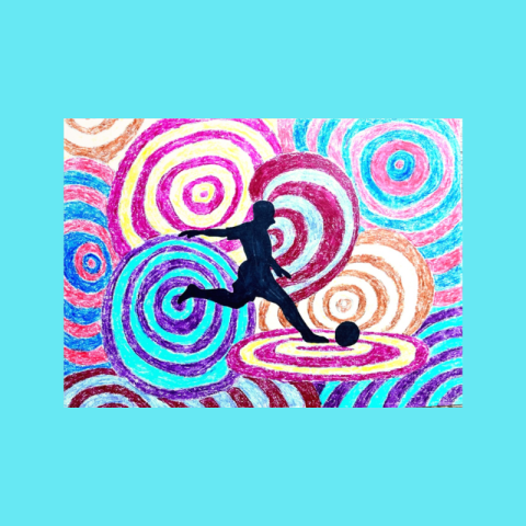 Colorful swirls with a sports figure silloutte 