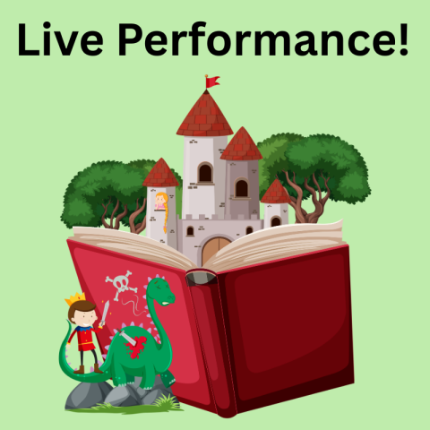 Book with castle, young king, and dragon popping out 