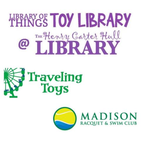 3 logos: library oif things, Traveling Toys, Madison Racquet and Swim Club. 