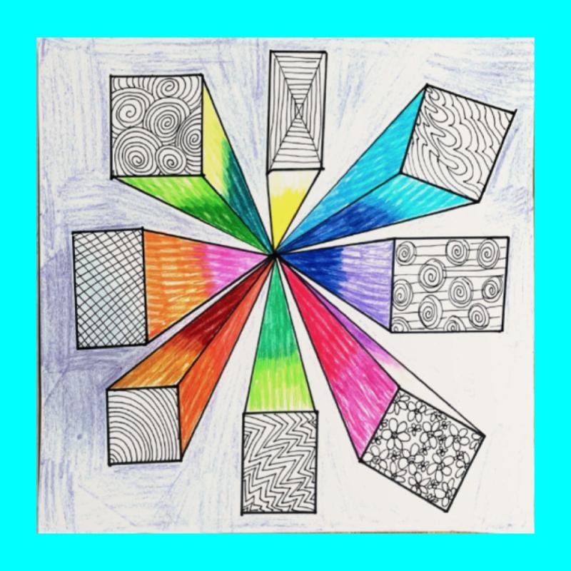 Point perspective design with colorful 3-D shapes