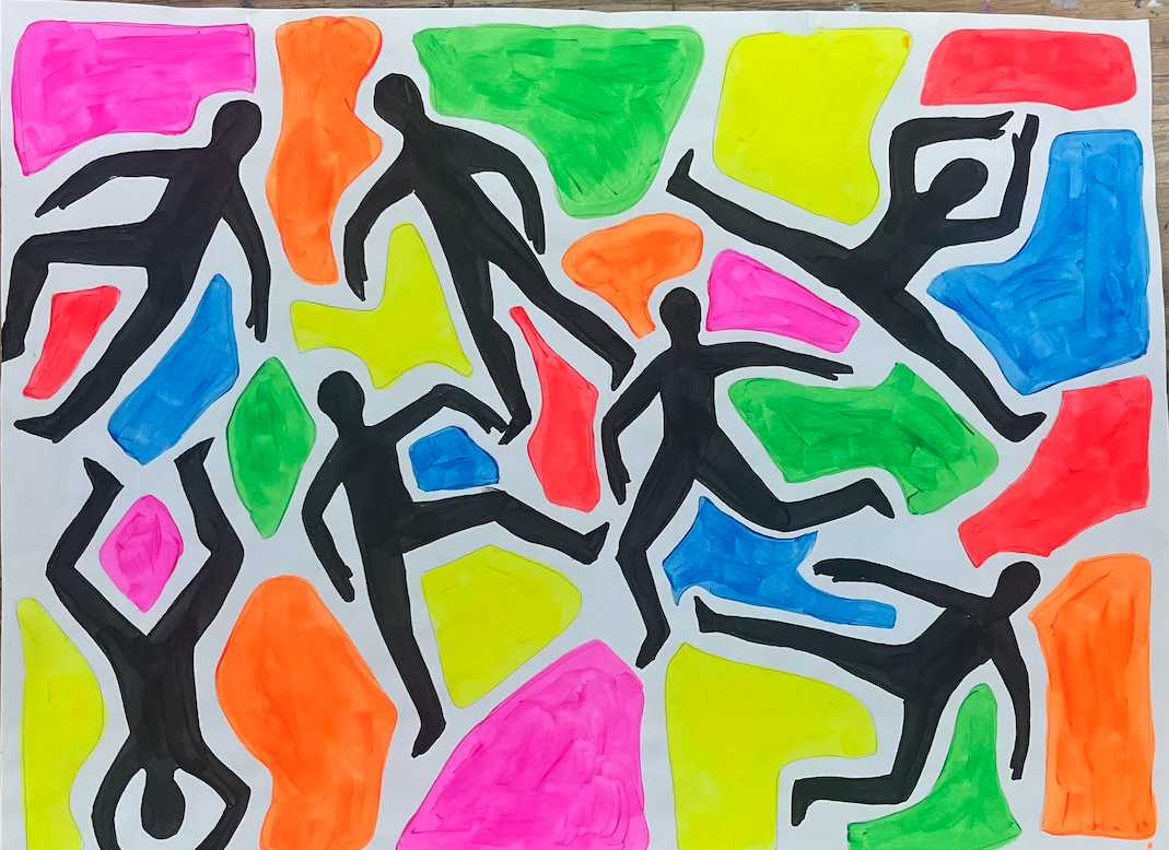 colorful picture with black outlines of people 