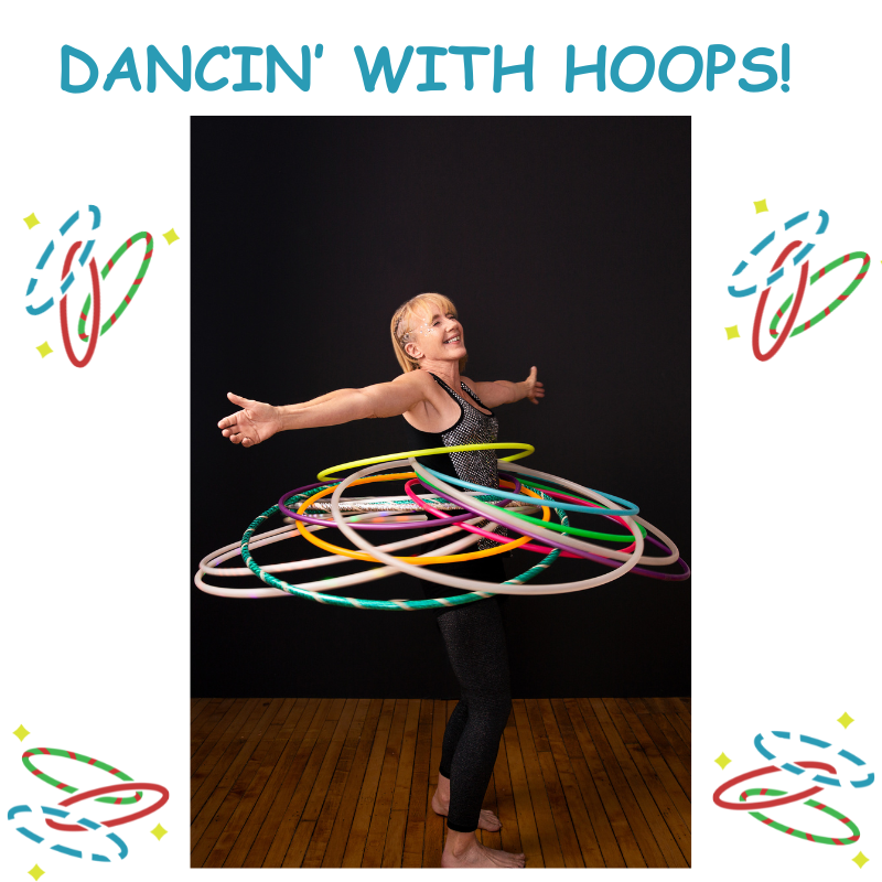 women dancing with several hula hoops 