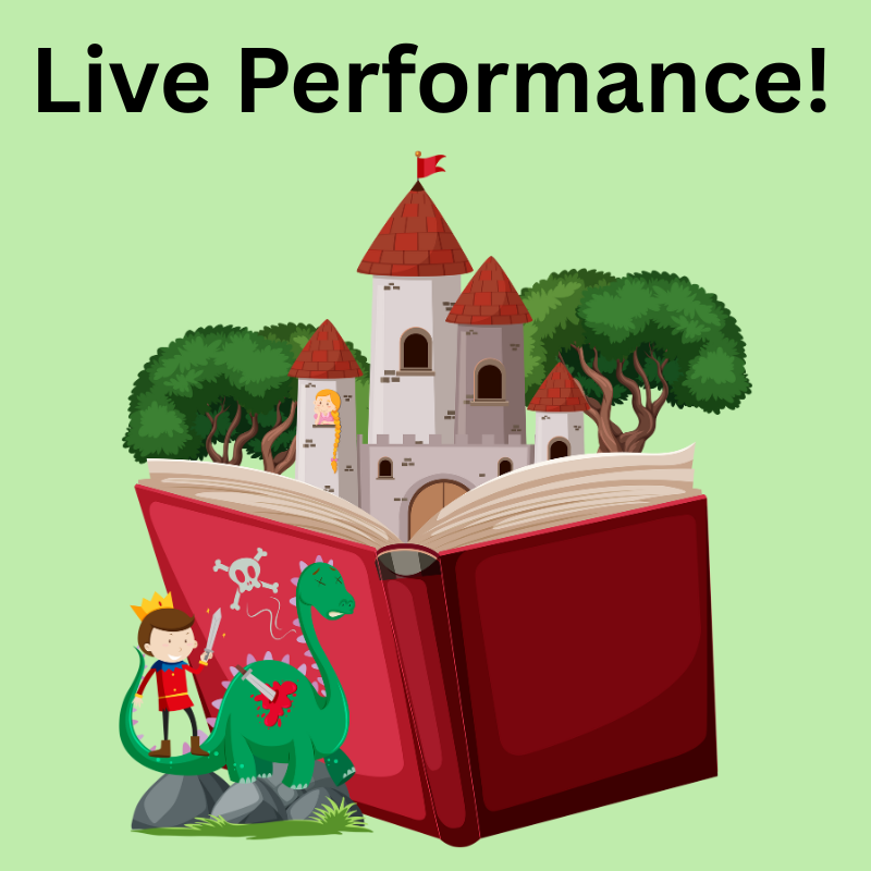 Book with castle, young king, and dragon popping out 