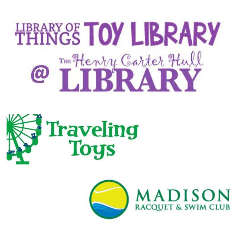 3 logos: library oif things, Traveling Toys, Madison Racquet and Swim Club. 